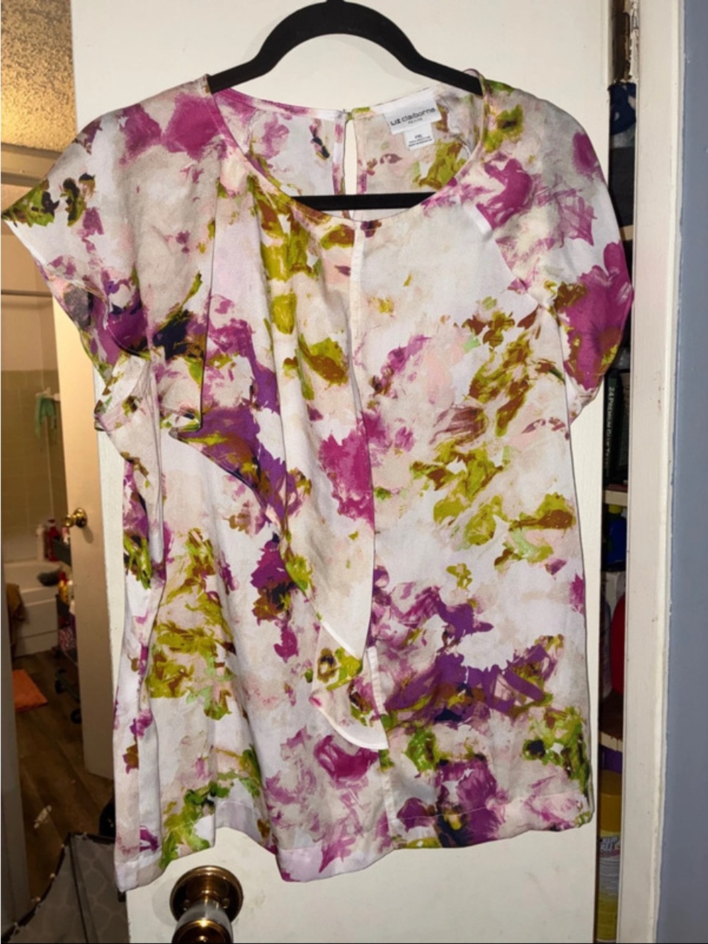 Liz Claiborne Pink and Green Watercolor Floral Cap-Sleeve Blouse